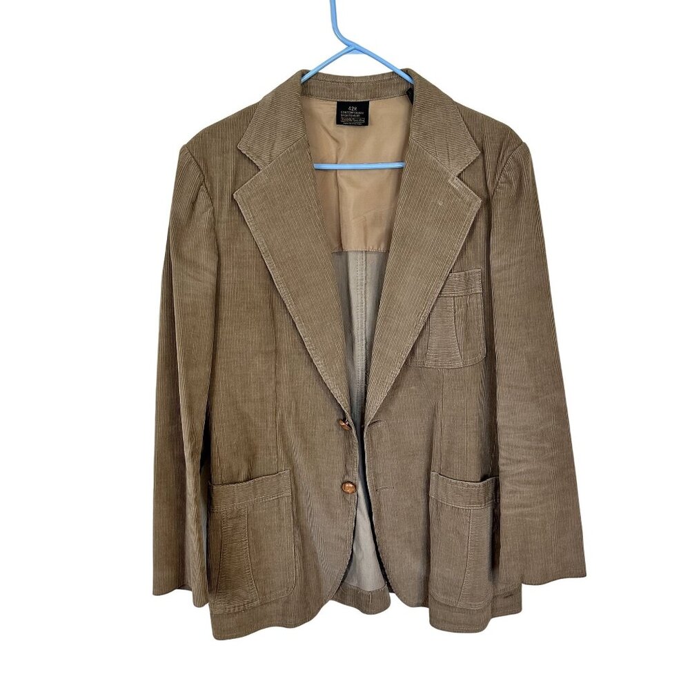 Vtg Mens Corduroy Blazer 42R Tan Sports Coat 2 Button Sears Cotton Pockets Lg